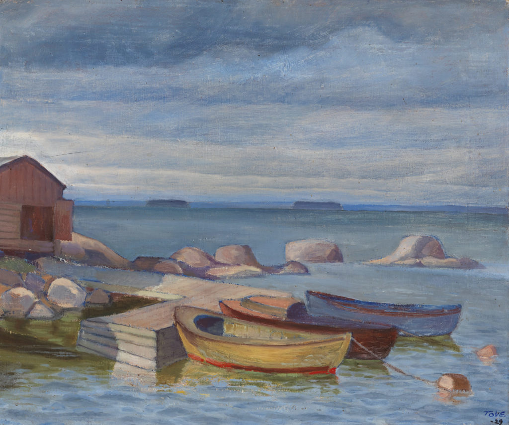 Båtar i Pellinge ('Boats in Pellinge', unofficial translation). Oil painting by Tove Jansson.