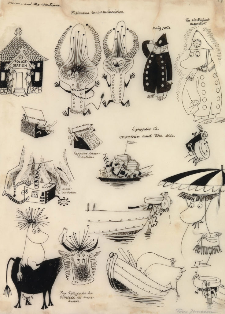 Moomin comic strip sketches by Tove Jansson.