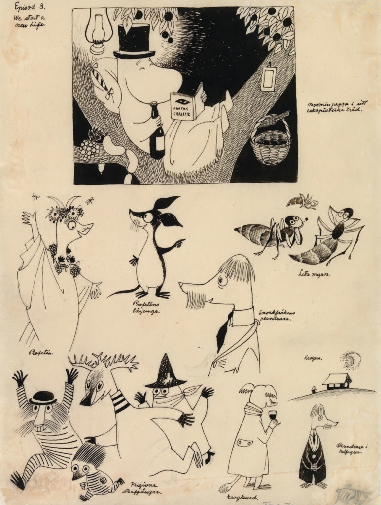 Early Moomin comic strip sketches by Tove Jansson.