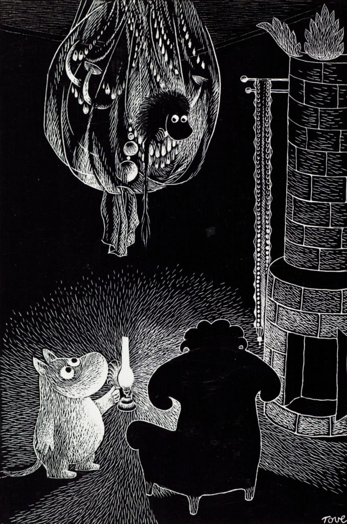 Moomintroll and the Ancestor illustrated by Tove Jansson in the book Moominland Midwinter