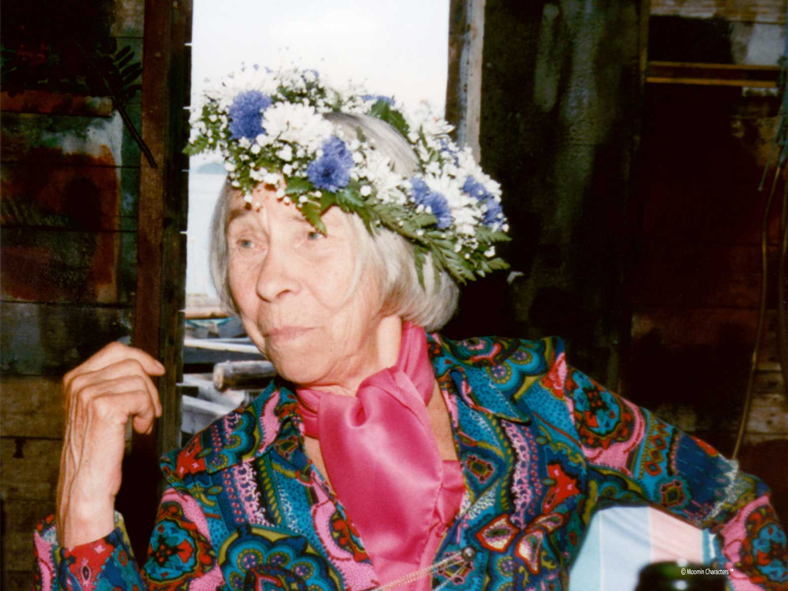 Tove Jansson with her birthday wreath.