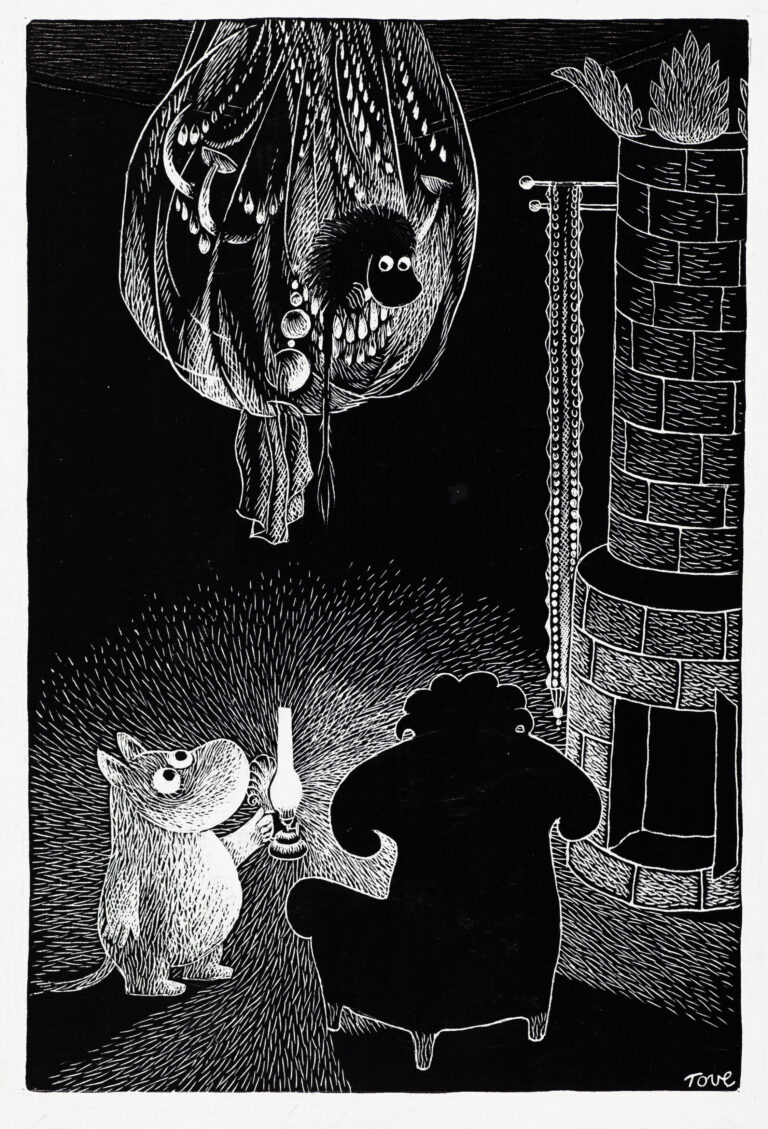 Tove Janssons illustration om Mumintrollet och Förfadern för Trollvinter boken, 1958