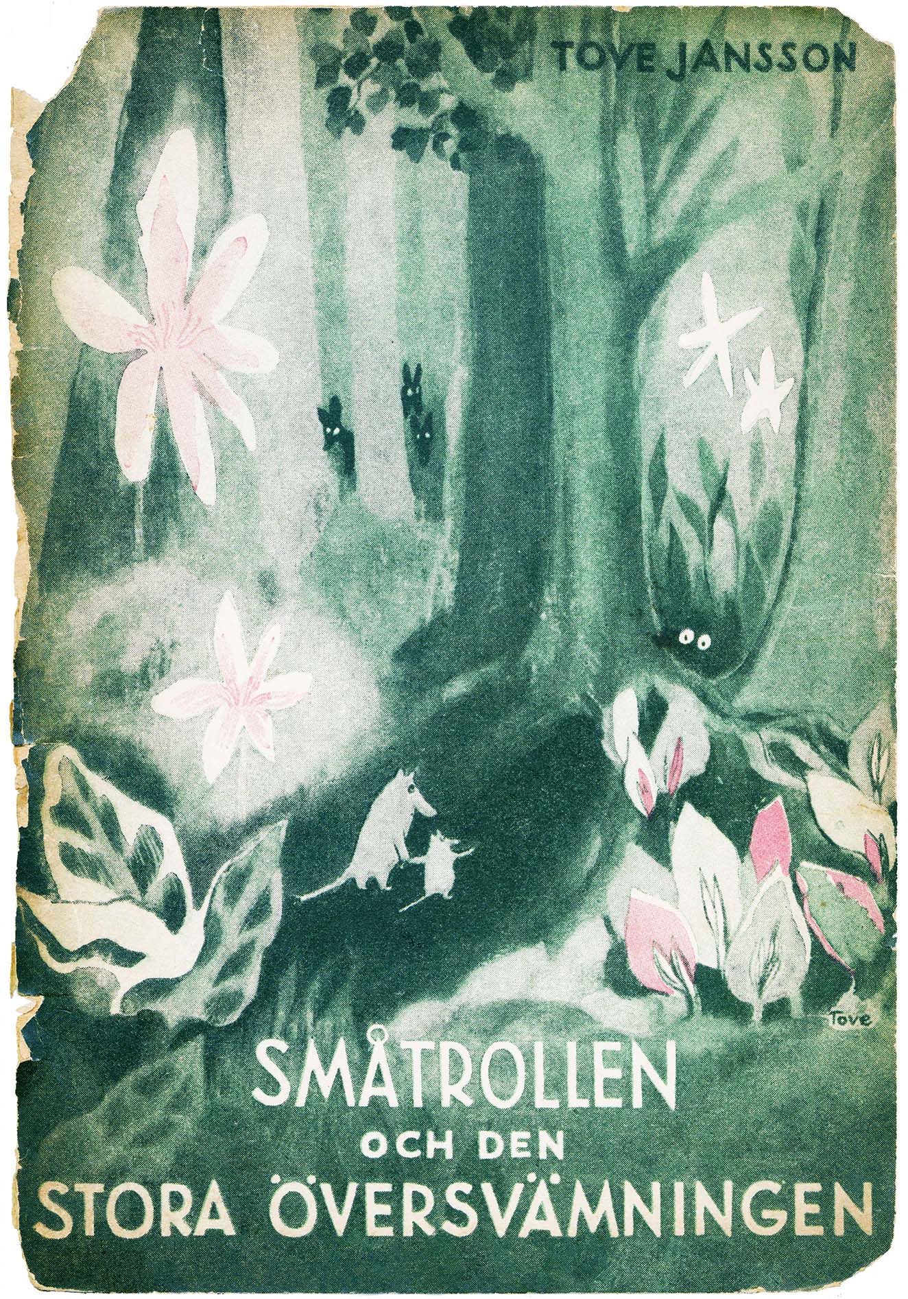 Tove Jansson's book cover for the original Swedish version of the book The Moomins and the Great Flood, 1945.