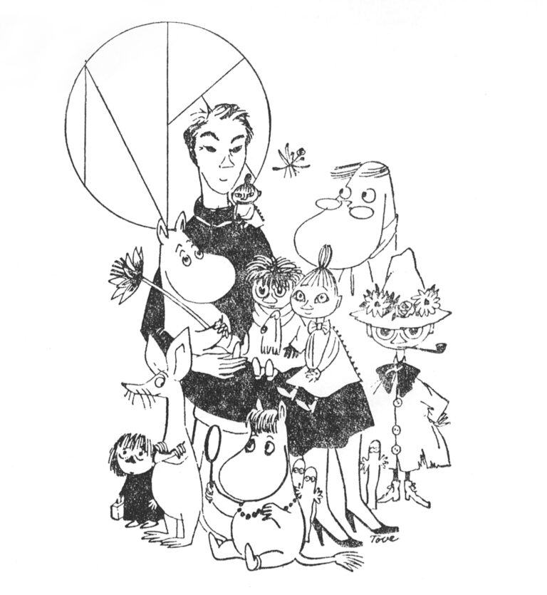 Tove Jansson and Moomins in NK's advertisement, 1957.